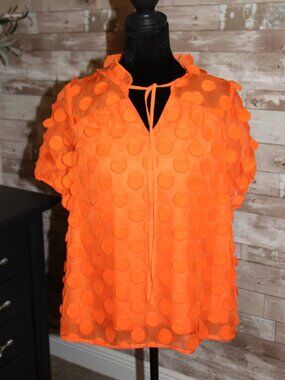 Polka Dot Lined Summertime Orange Top Tie Neck Business Casual Resort wear